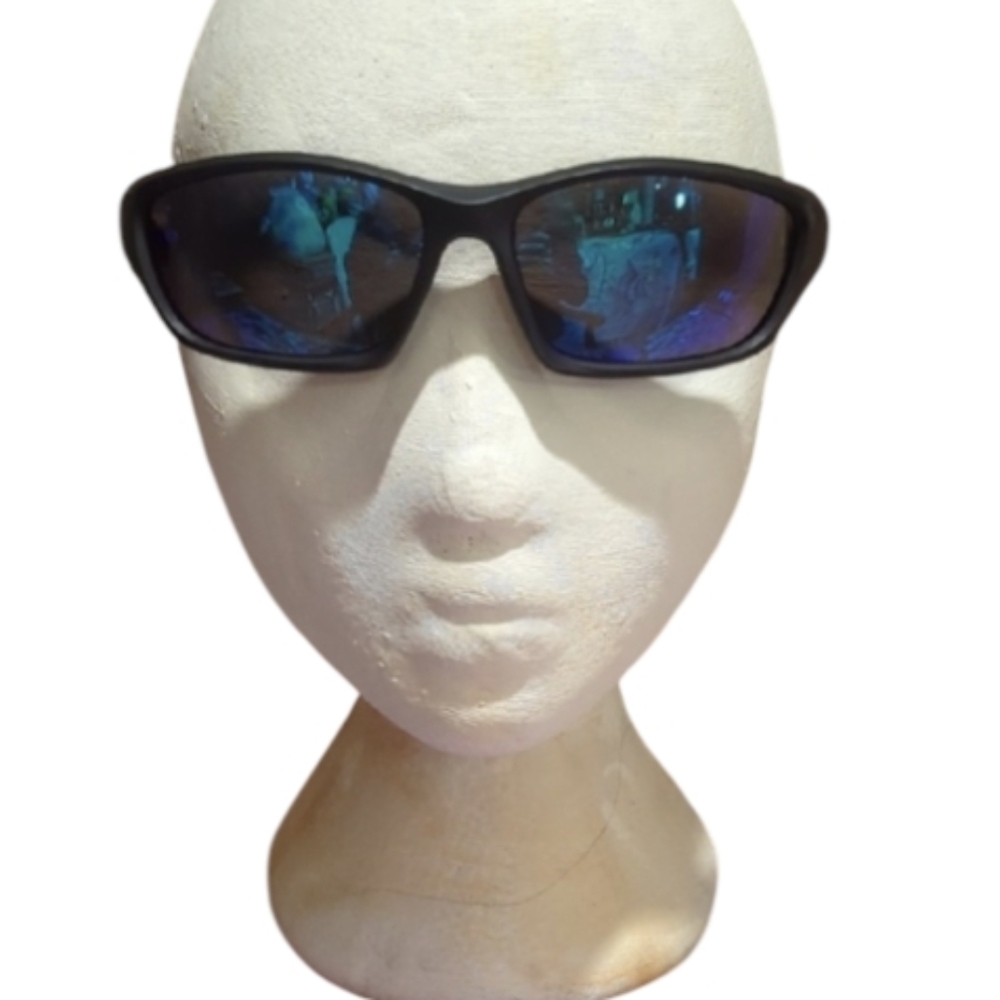 Black Sunglasses with Blue Green Mirror Lenses  Red Stripe Detail Unisex  NWOT